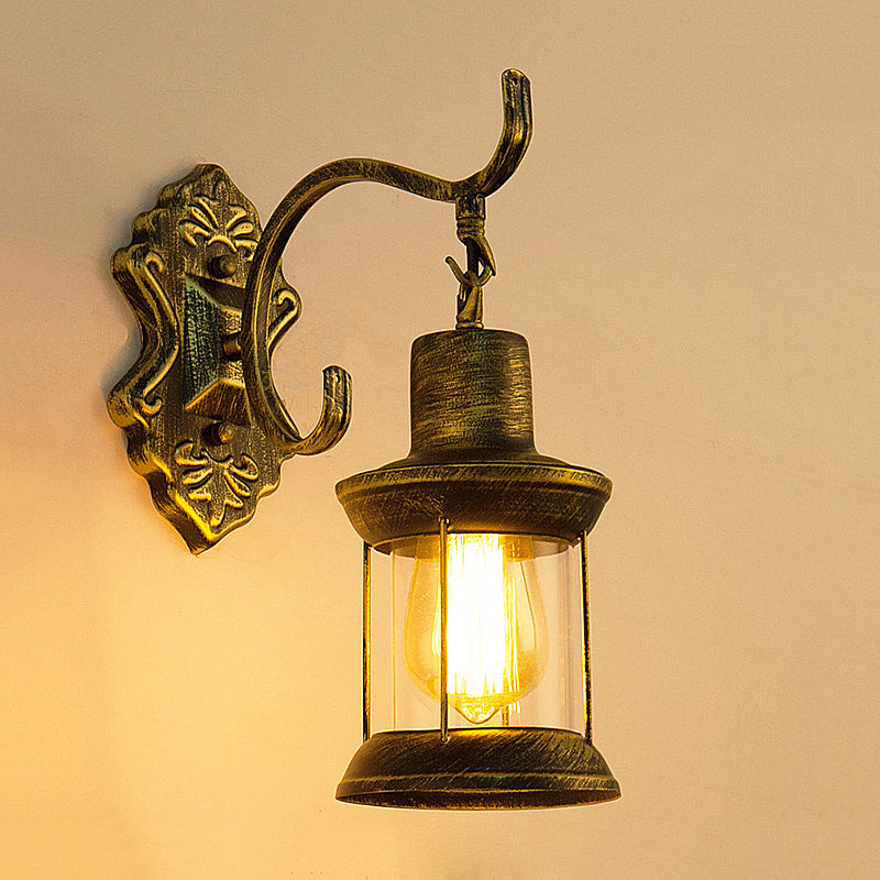 Avtoit | 1 Light Bulb Kerosene Wall Mounted Light Rustic Style Aged Bronze Clear Glass Lighting with Engraved Pattern
