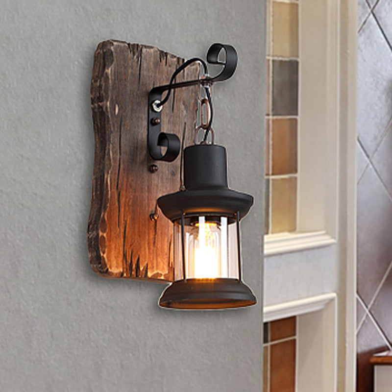 Avtoit | Black One-Light Wall Sconce Rustic Clear Glass with Grid Lighting and Wood Back Panel