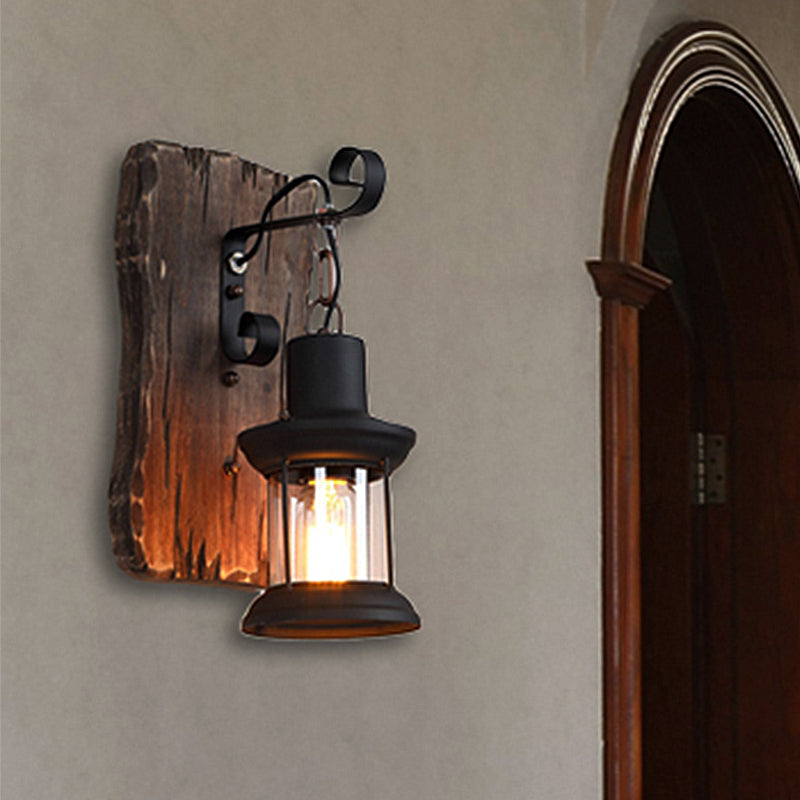 Avtoit | Black One-Light Wall Sconce Rustic Clear Glass with Grid Lighting and Wood Back Panel