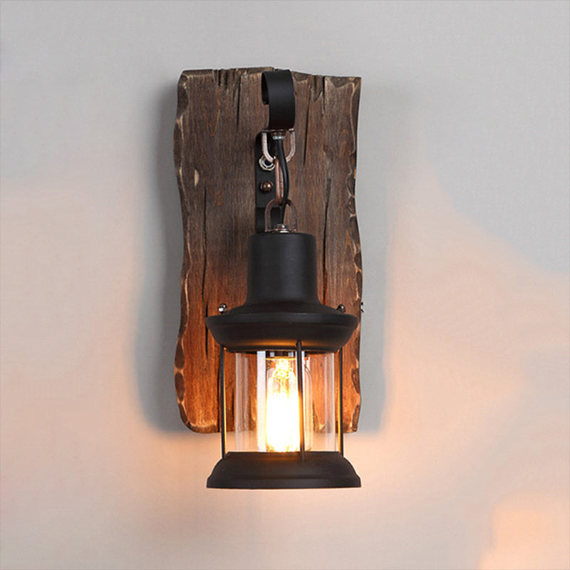 Avtoit | Black One-Light Wall Sconce Rustic Clear Glass with Grid Lighting and Wood Back Panel