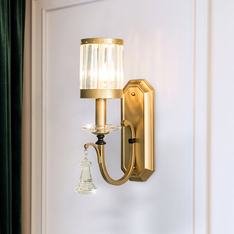 Avtoit | Cylinder Wall Light Modernism Prism Crystal 1 Light Brass Wall Mount Light for the Living Room