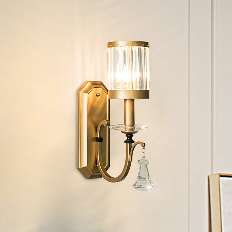 Avtoit | Cylinder Wall Light Modernism Prism Crystal 1 Light Brass Wall Mount Light for the Living Room