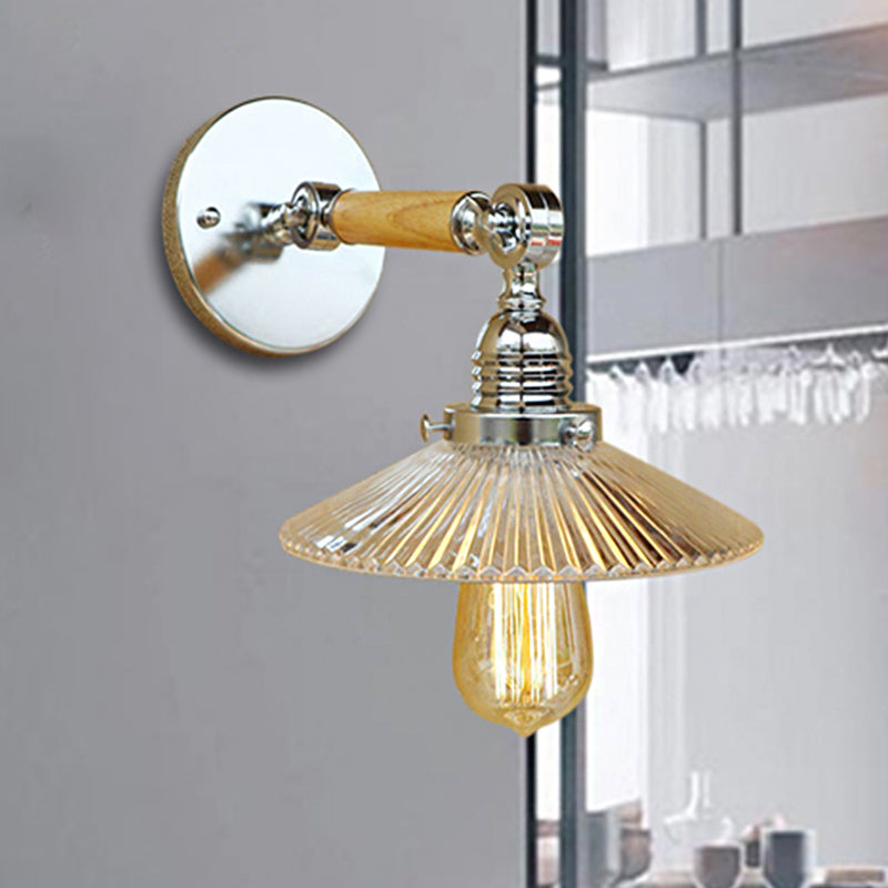 Avtoit | 1 Light Clear Ribbed Glass Wall Sconce Light Industrial Chrome Cone Living Room Lighting Fixture, 8"/4"/6" Width Wood Arm