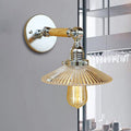 Avtoit | 1 Light Clear Ribbed Glass Wall Sconce Light Industrial Chrome Cone Living Room Lighting Fixture, 8"/4"/6" Width Wood Arm