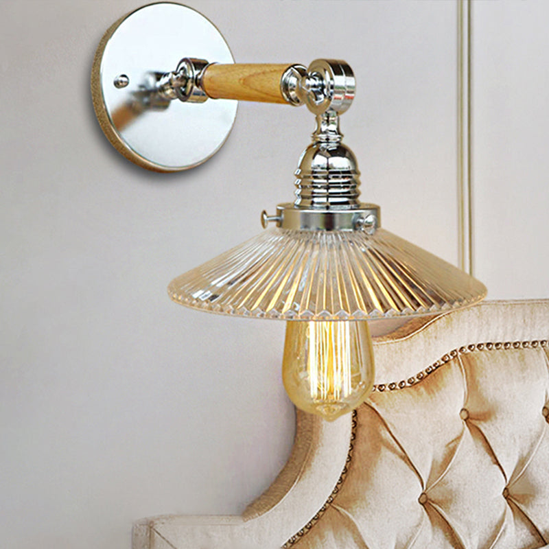 Avtoit | 1 Light Clear Ribbed Glass Wall Sconce Light Industrial Chrome Cone Living Room Lighting Fixture, 8"/4"/6" Width Wood Arm