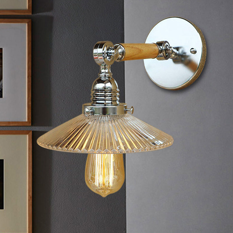 Avtoit | 1 Light Clear Ribbed Glass Wall Sconce Light Industrial Chrome Cone Living Room Lighting Fixture, 8"/4"/6" Width Wood Arm