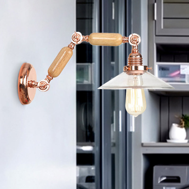 Avtoit | Clear Glass Wood Wall Light Cone 1-Light Industrial Wall Lamp with Extendable Arm