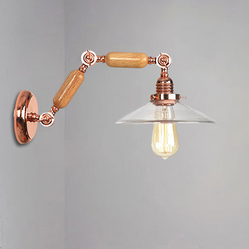 Avtoit | Clear Glass Wood Wall Light Cone 1-Light Industrial Wall Lamp with Extendable Arm