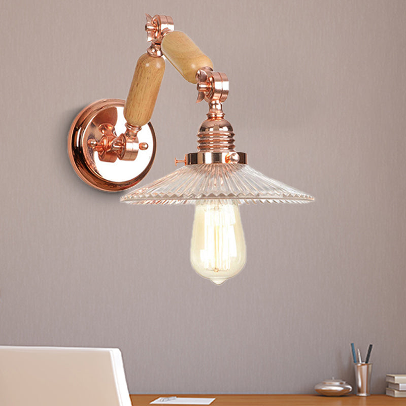 Avtoit | A wall light with a light bulb and conical shade made of clear prismatic glass, industrial wall lamp for the living room with curved arm