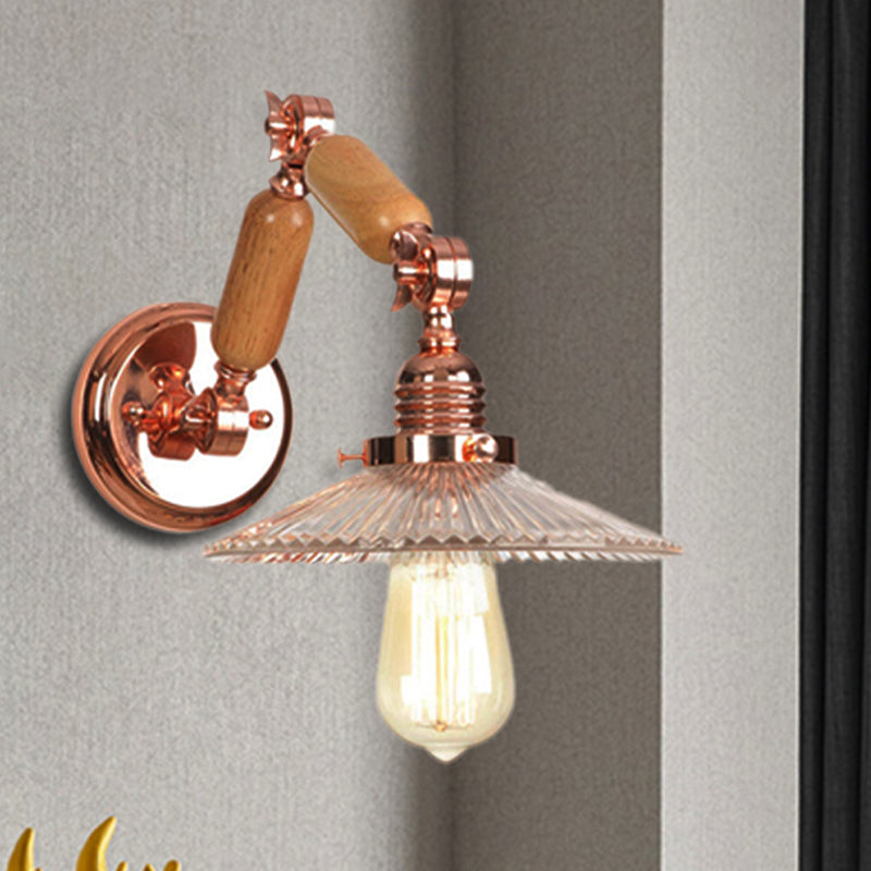Avtoit | A wall light with a light bulb and conical shade made of clear prismatic glass, industrial wall lamp for the living room with curved arm