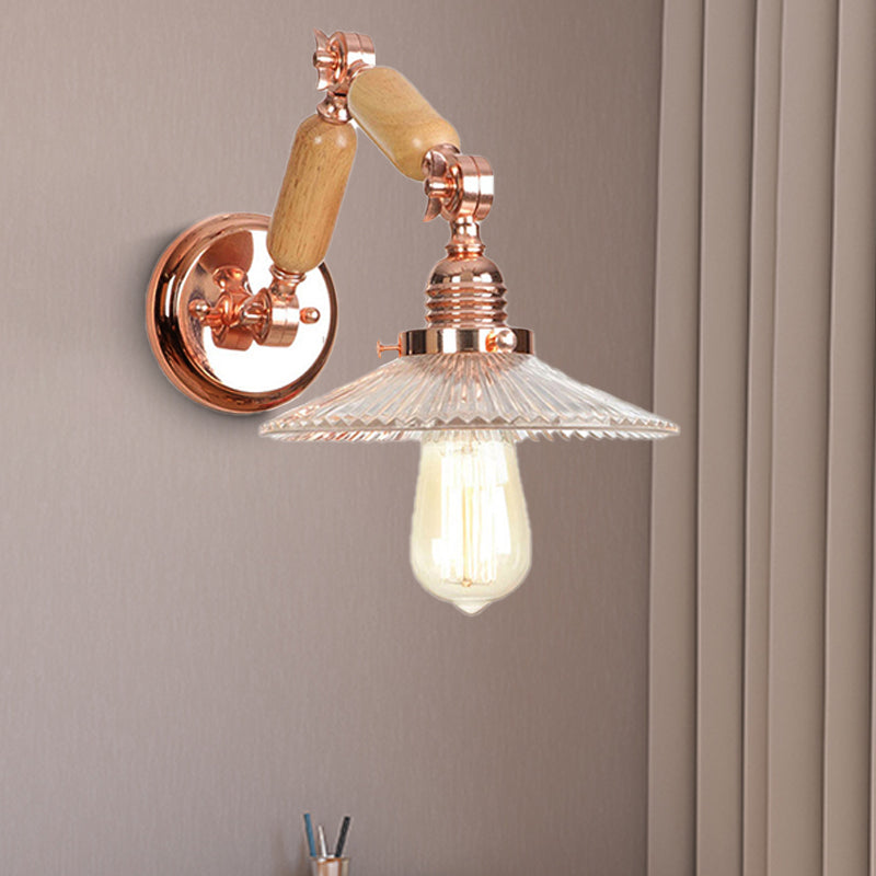 Avtoit | A wall light with a light bulb and conical shade made of clear prismatic glass, industrial wall lamp for the living room with curved arm