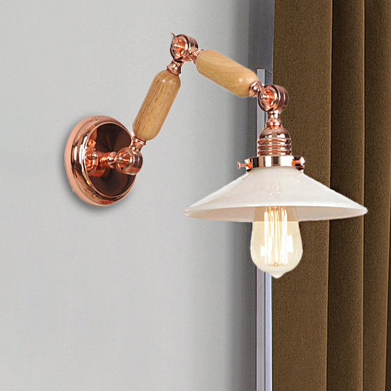 Avtoit | White glass conical wall lamp industrial 1 light living room lighting fixture with retractable arm