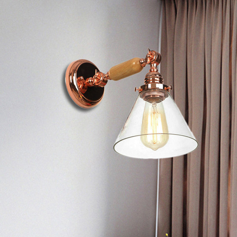 Avtoit | Industrial Cone Wall Lamp 1 Bulb Clear Glass Wall Light in Rose Gold