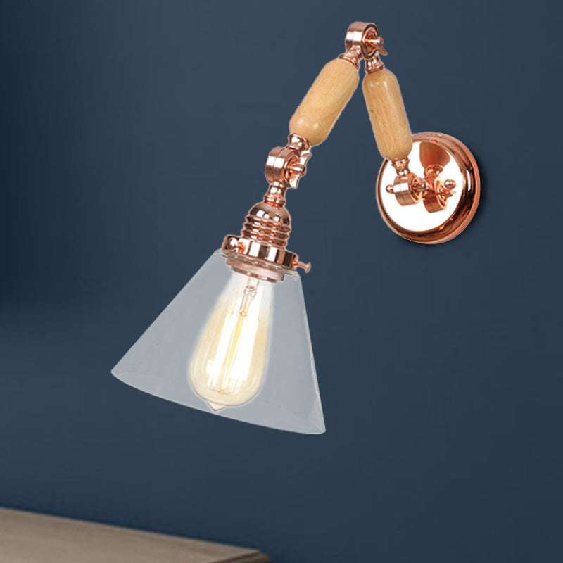 Avtoit | Cone Shade Bedroom Wall Lamp Vintage Clear Glass 1 Light Wooden Wall Lamp with Long Arm