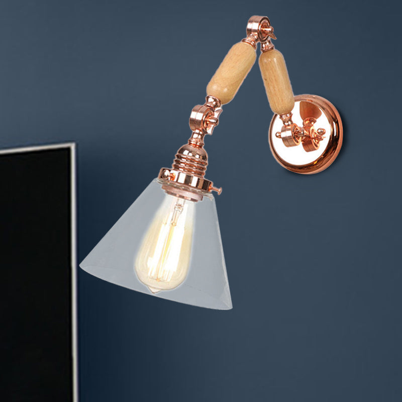 Avtoit | Cone Shade Bedroom Wall Lamp Vintage Clear Glass 1 Light Wooden Wall Lamp with Long Arm