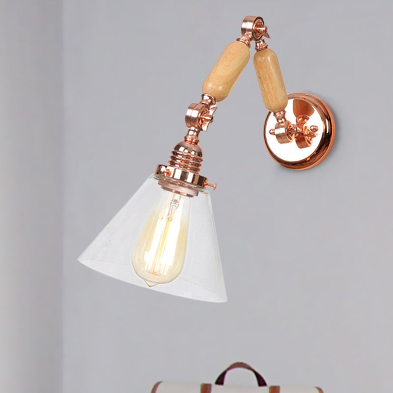 Avtoit | Cone Shade Bedroom Wall Lamp Vintage Clear Glass 1 Light Wooden Wall Lamp with Long Arm
