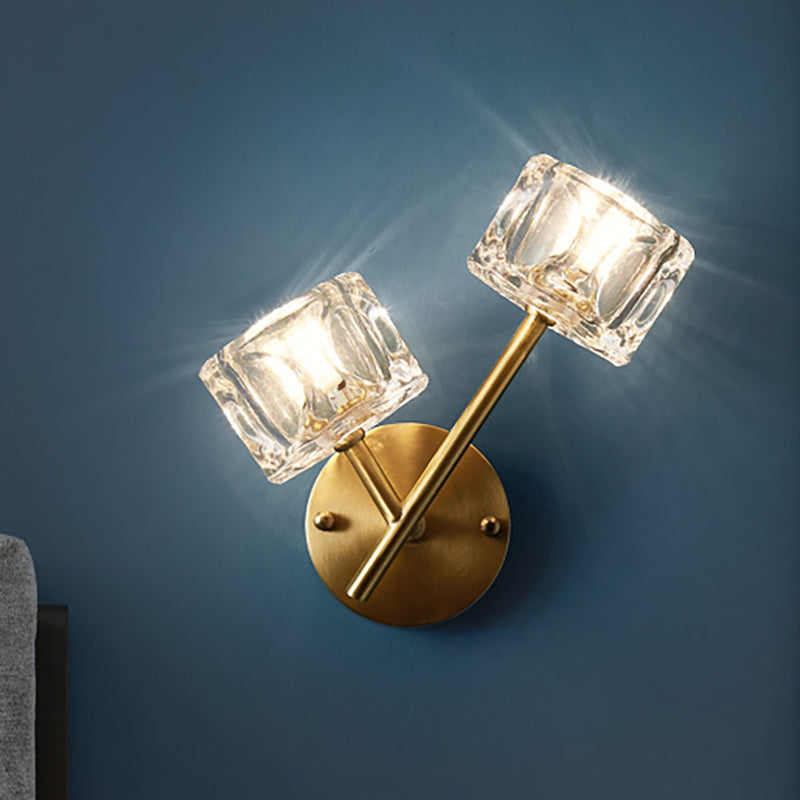 Avtoit | 1/2-Light Bedroom Wall Lighting Contemporary Style Brass Finish with Square Clear Crystal Shade