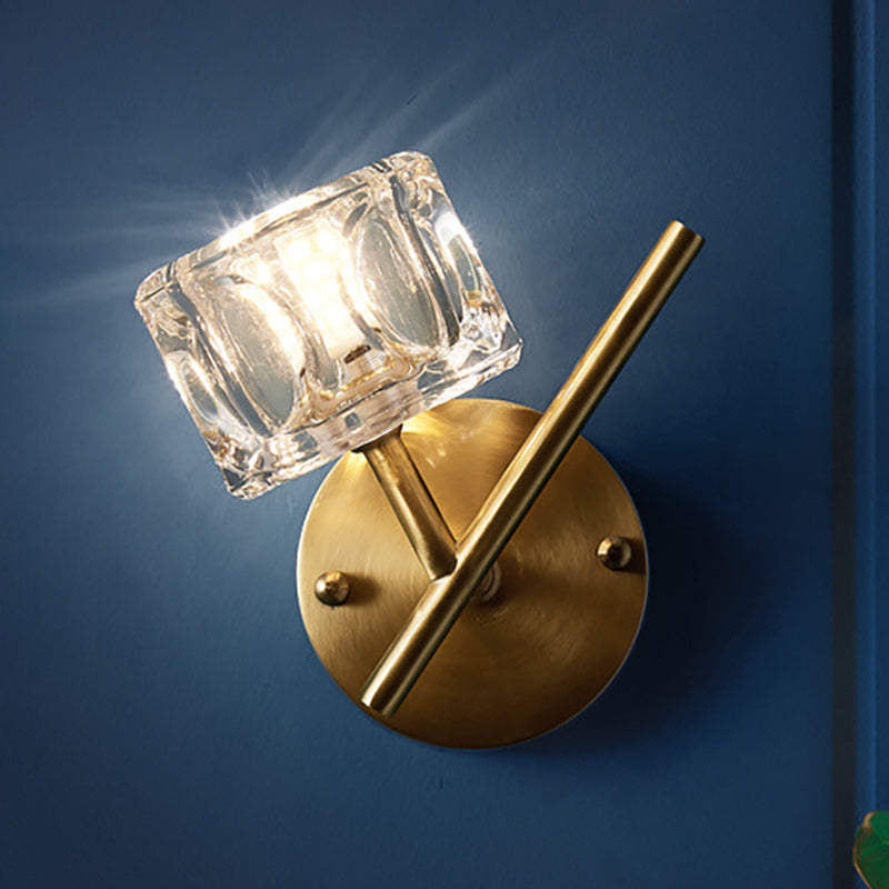 Avtoit | 1/2-Light Bedroom Wall Lighting Contemporary Style Brass Finish with Square Clear Crystal Shade