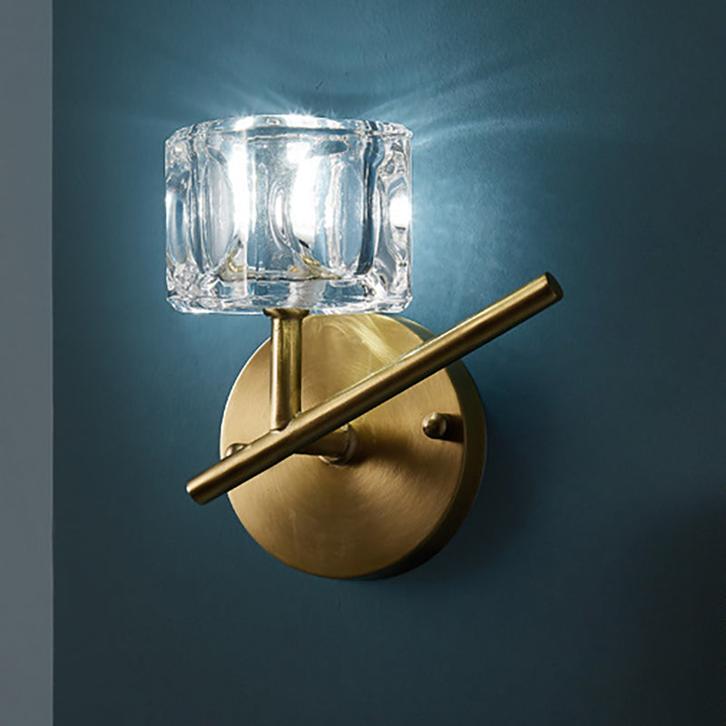 Avtoit | 1/2-Light Bedroom Wall Lighting Contemporary Style Brass Finish with Square Clear Crystal Shade