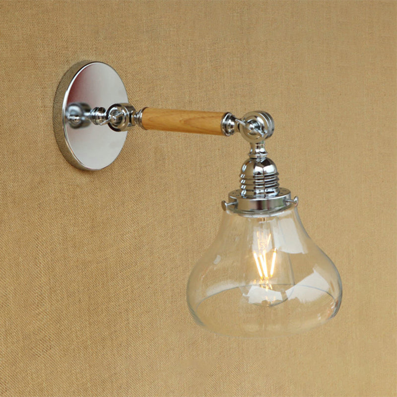 Avtoit | Wood One Light Wall Lamp Vintage Clear Glass Pear Lighting Fixture for Living Room, 8"/4"/6" L Wooden Arm
