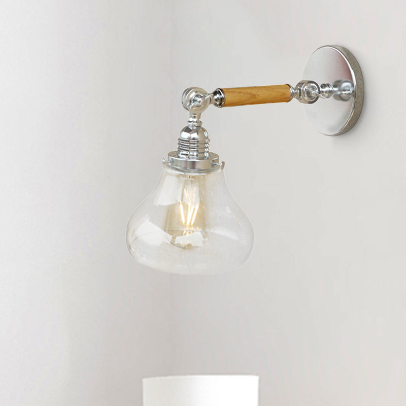 Avtoit | Wood One Light Wall Lamp Vintage Clear Glass Pear Lighting Fixture for Living Room, 8"/4"/6" L Wooden Arm