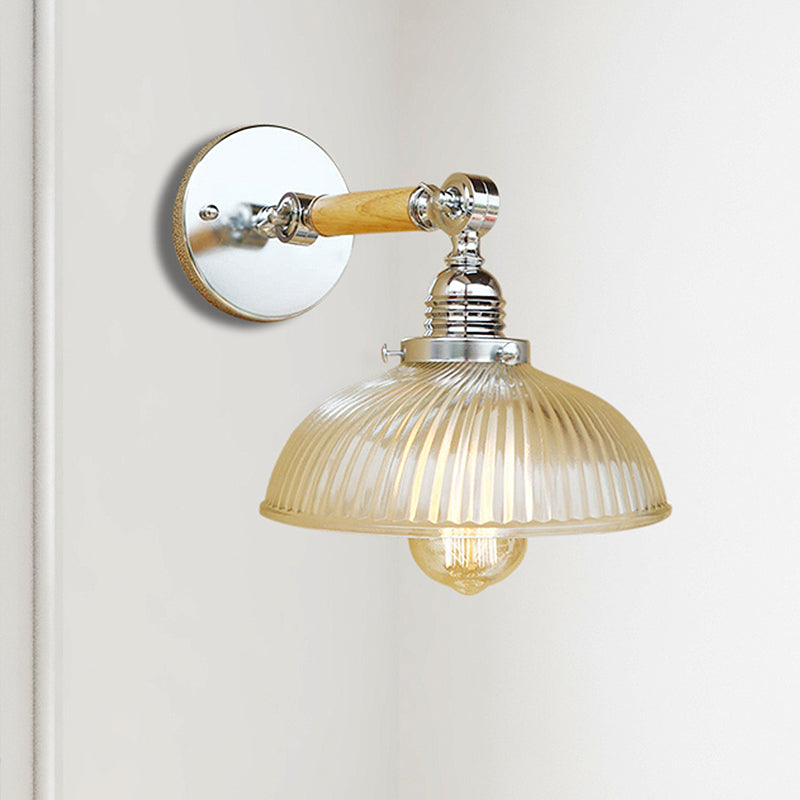 Avtoit | Curved Living Room Wall Light Fixture Antique Stylish Ribbed Glass 1 Light Clear Wall Lamp for Hallway, 8"/4"/6" L Wooden Arm