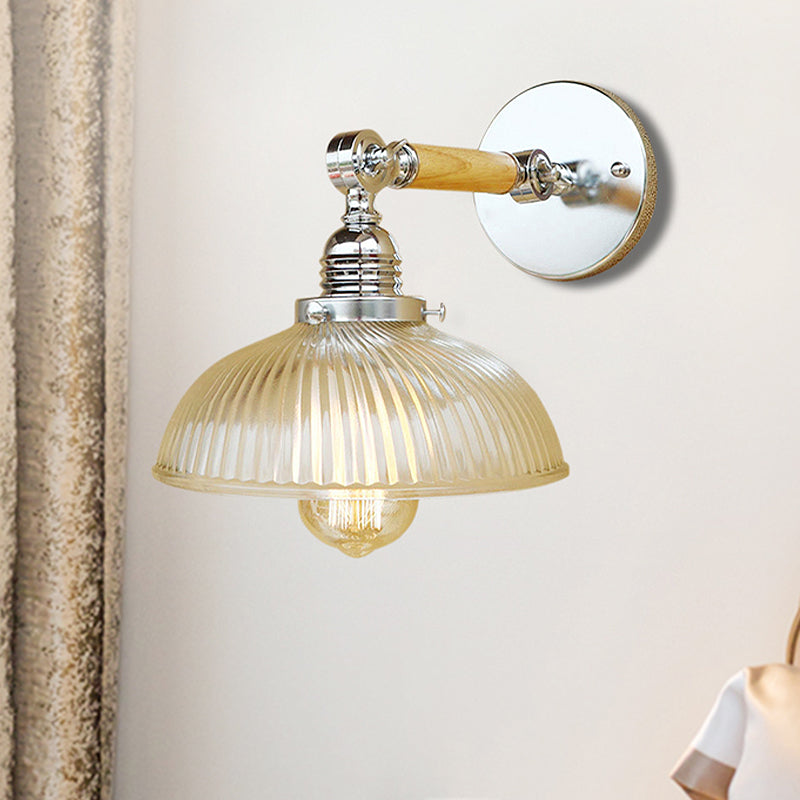 Avtoit | Curved Living Room Wall Light Fixture Antique Stylish Ribbed Glass 1 Light Clear Wall Lamp for Hallway, 8"/4"/6" L Wooden Arm