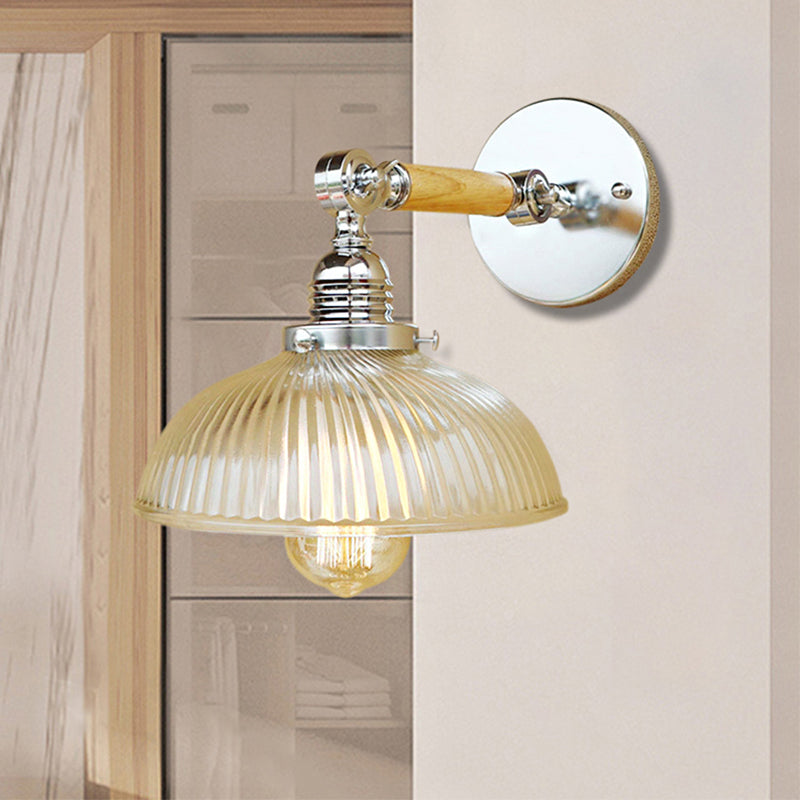 Avtoit | Curved Living Room Wall Light Fixture Antique Stylish Ribbed Glass 1 Light Clear Wall Lamp for Hallway, 8"/4"/6" L Wooden Arm