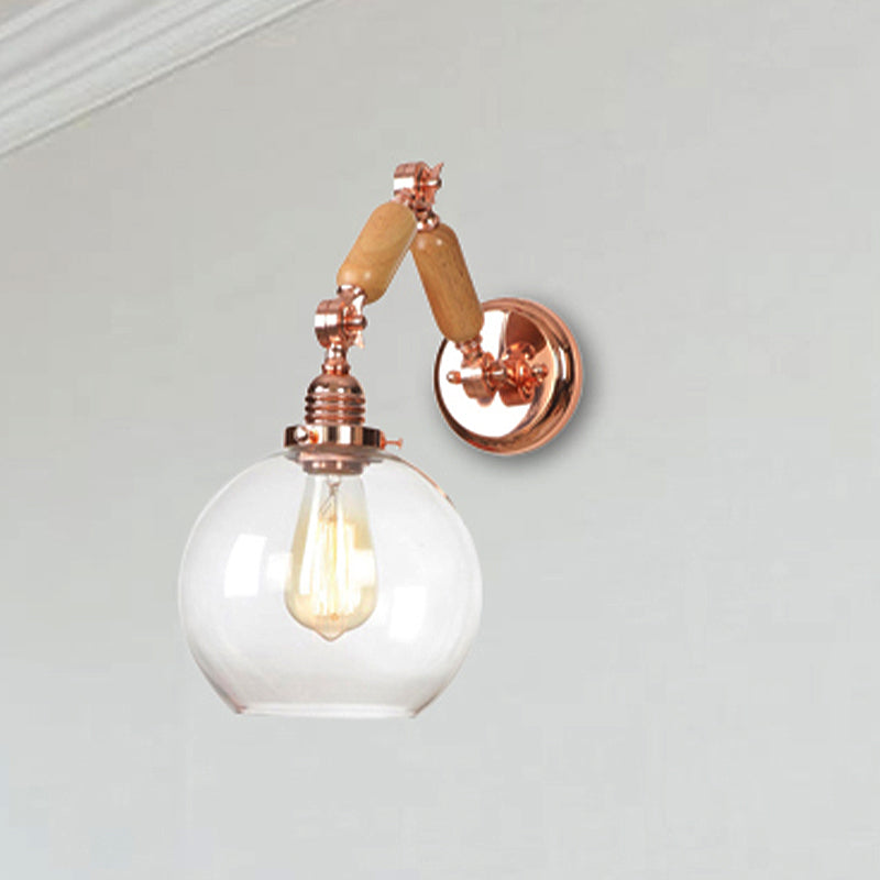 Avtoit | 1 Bulb Globe Wall Mounted Light Fixture Rustic Rose Gold Clear Glass Lighting with Retractable Arm