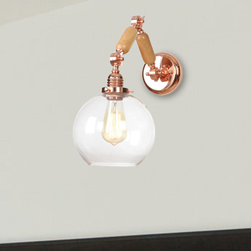 Avtoit | 1 Bulb Globe Wall Mounted Light Fixture Rustic Rose Gold Clear Glass Lighting with Retractable Arm