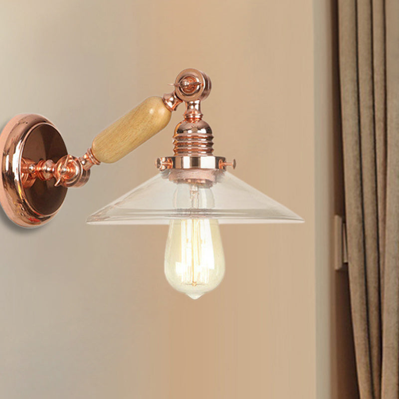 Avtoit | 1 Light Clear Glass Wall Light Rustic Rose Gold Cone Living Room Lighting with Rotatable Arm