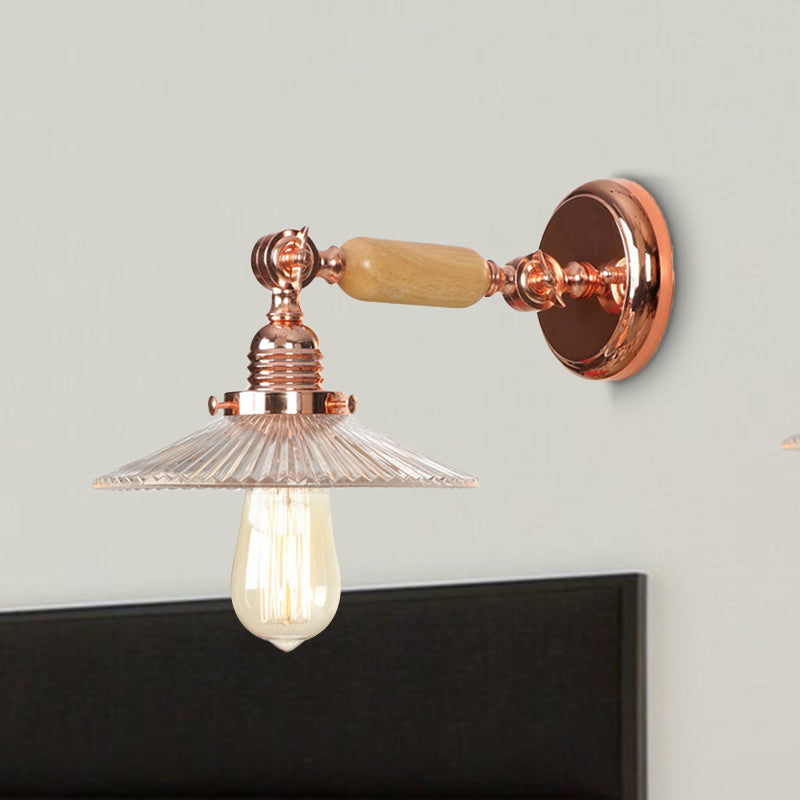 Avtoit | Ribbed Glass Pink Gold Wall Lamp Saucer 1-Light Industrial Wall Lamp Mounting for Living Room