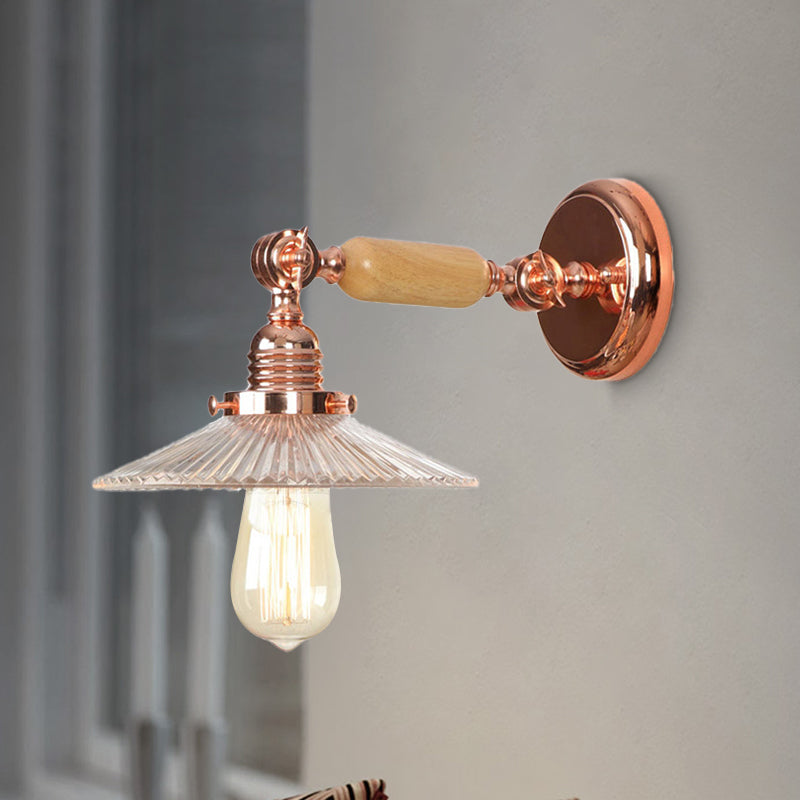 Avtoit | Ribbed Glass Pink Gold Wall Lamp Saucer 1-Light Industrial Wall Lamp Mounting for Living Room