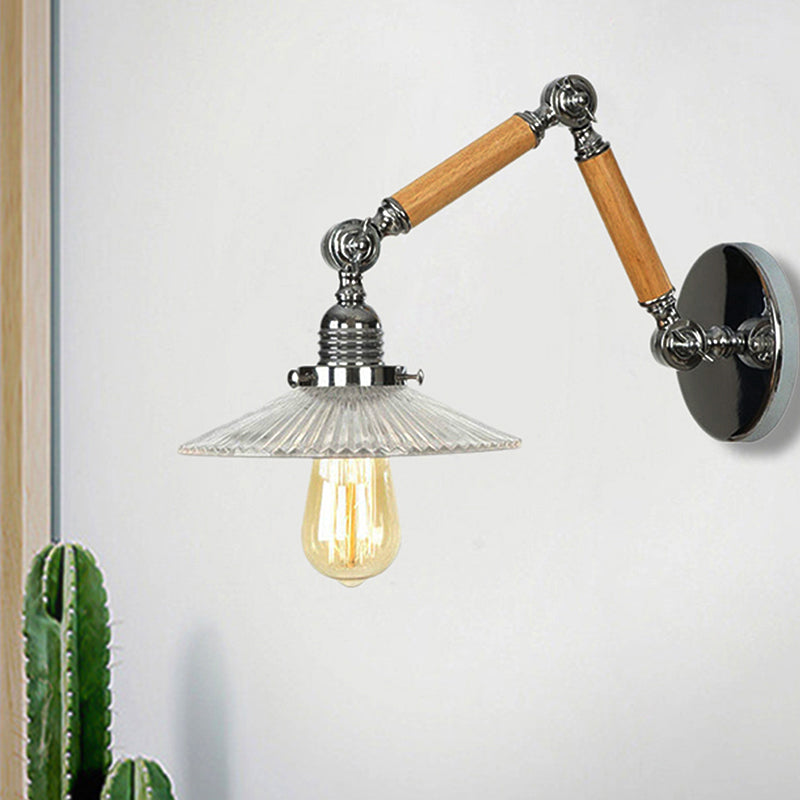 Avtoit | A light wall lamp with bowl shade ribbed glass vintage study wall light with 8"+8"/6"+6"/8"+4" extendable wooden arm