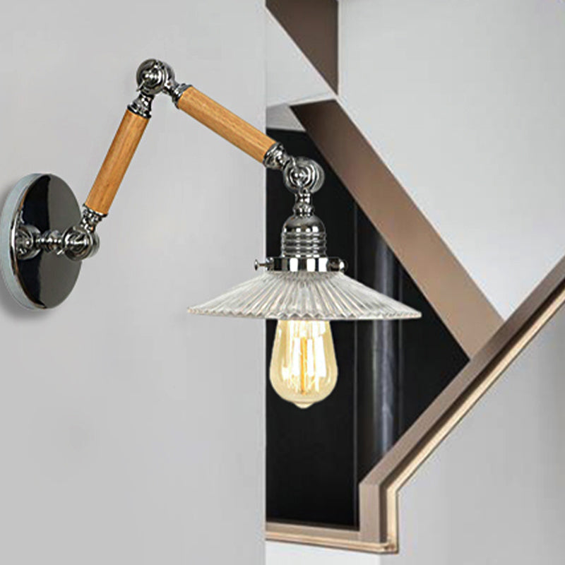 Avtoit | A light wall lamp with bowl shade ribbed glass vintage study wall light with 8"+8"/6"+6"/8"+4" extendable wooden arm