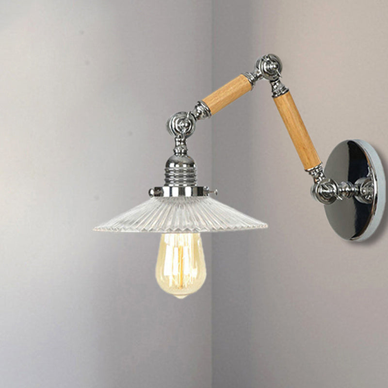 Avtoit | A light wall lamp with bowl shade ribbed glass vintage study wall light with 8"+8"/6"+6"/8"+4" extendable wooden arm