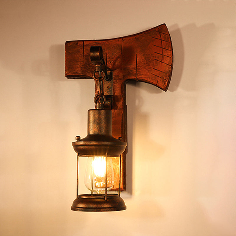 Avtoit | Rust One-Light Wall Light Coastal Clear Glass Lantern Lighting Fixture with Wood Back Plate
