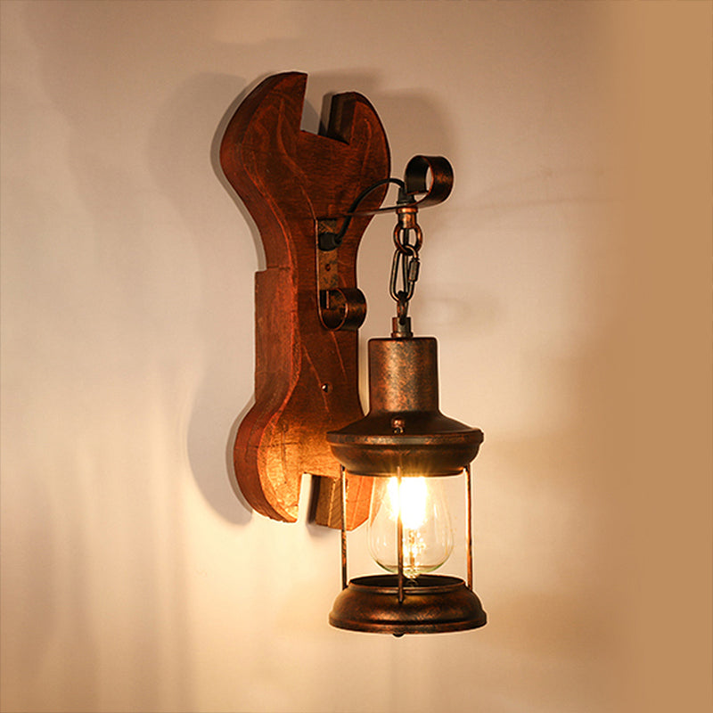 Avtoit | Rust One-Light Wall Light Coastal Clear Glass Lantern Lighting Fixture with Wood Back Plate