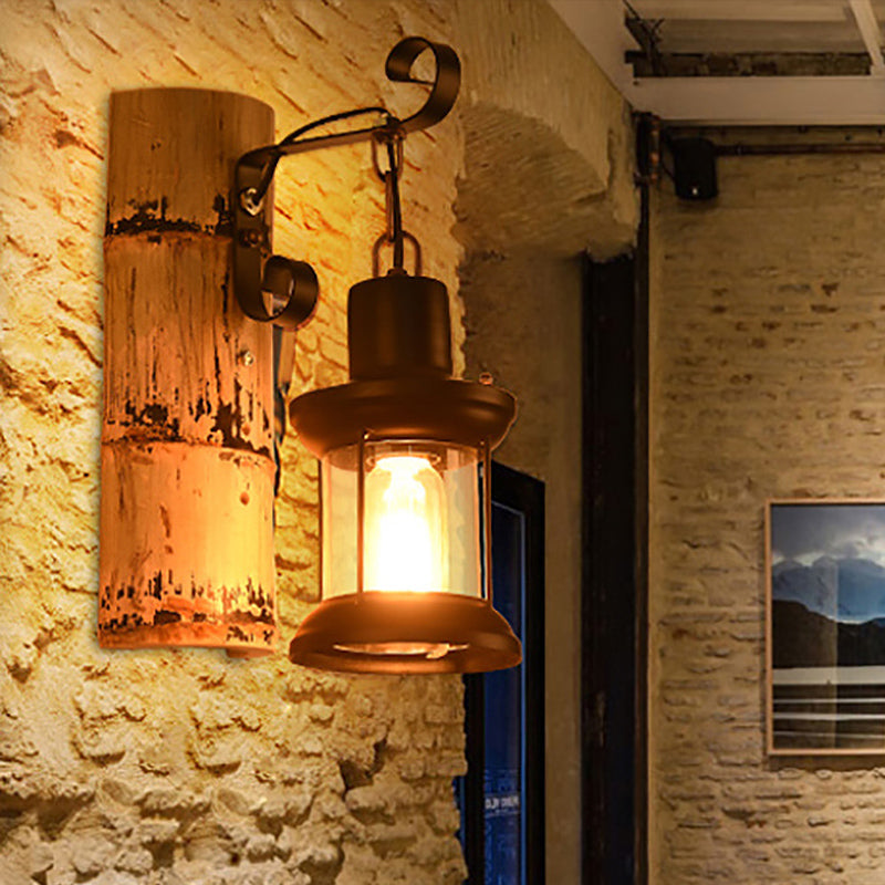 Avtoit | A wall lamp with a clear glass lantern in industrial style, wall lamp for the dining room in black with a bamboo backplate