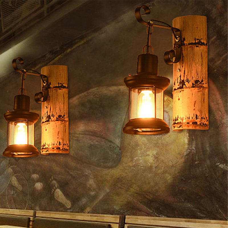 Avtoit | A wall lamp with a clear glass lantern in industrial style, wall lamp for the dining room in black with a bamboo backplate
