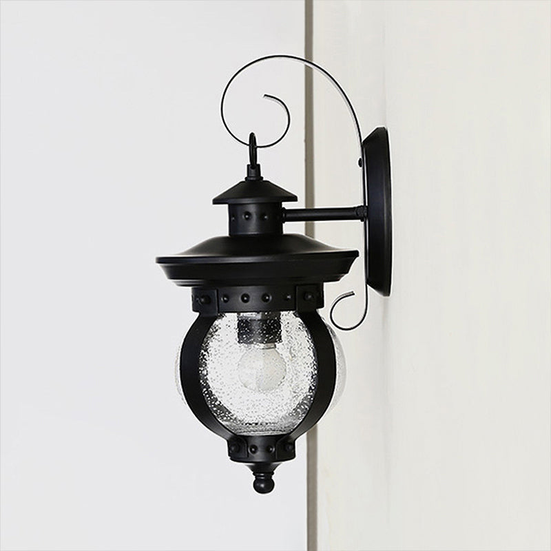 Avtoit | 1 Light Seedy Glass Wall Light Rustic Black Lantern Bedroom Lighting Fixture