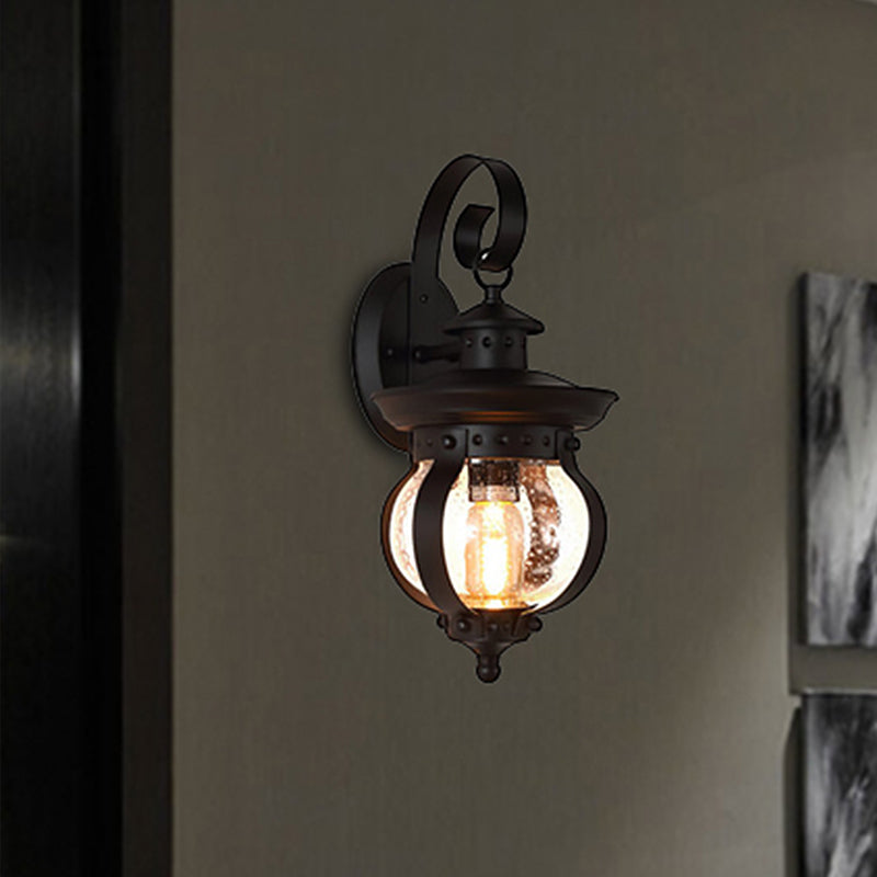 Avtoit | 1 Light Seedy Glass Wall Light Rustic Black Lantern Bedroom Lighting Fixture