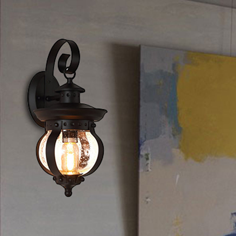Avtoit | 1 Light Seedy Glass Wall Light Rustic Black Lantern Bedroom Lighting Fixture