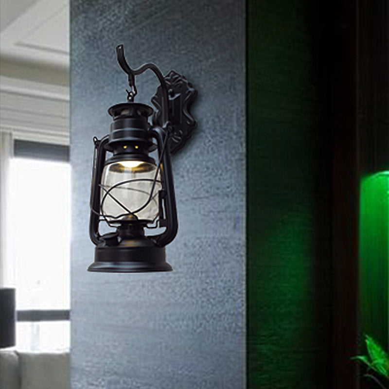 Avtoit | Clear Glass Black/Antique Brass Wall Lamp Lantern 1-Light Coastal Light for Veranda