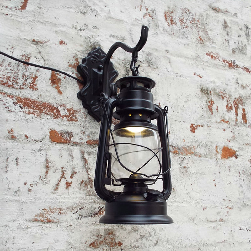 Avtoit | Clear Glass Black/Antique Brass Wall Lamp Lantern 1-Light Coastal Light for Veranda