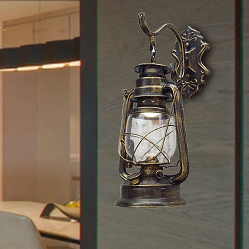 Avtoit | Clear Glass Black/Antique Brass Wall Lamp Lantern 1-Light Coastal Light for Veranda