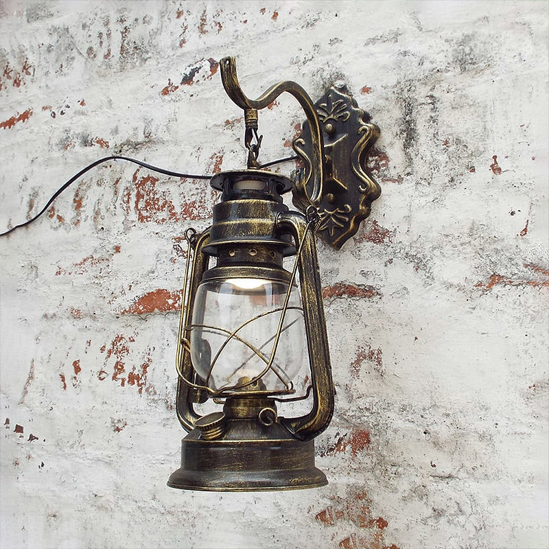 Avtoit | Clear Glass Black/Antique Brass Wall Lamp Lantern 1-Light Coastal Light for Veranda
