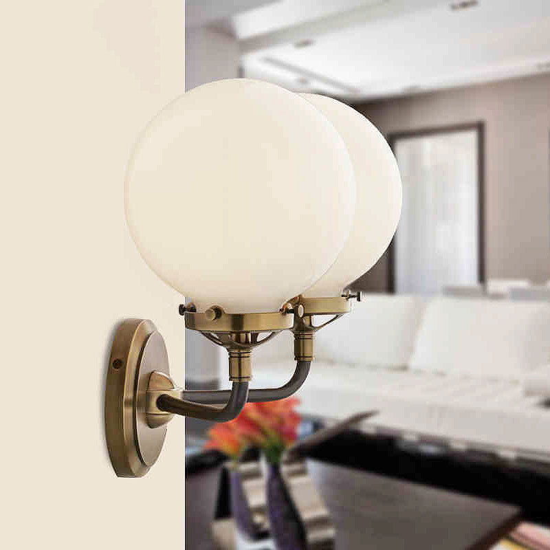 Avtoit | Modern Globe Shade Wall Lamp Fixture 1/2-Bulb Opal Glass Sconce Light in Antique Brass/Chrome