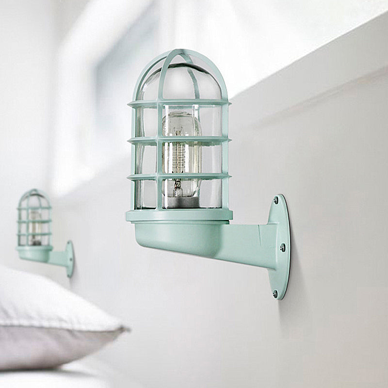 Avtoit | Cylinder Clear Glass Wall Mounted Lamp Industrial Single Bulb Living Room Wall Light in Pink/Blue/Green with Cage