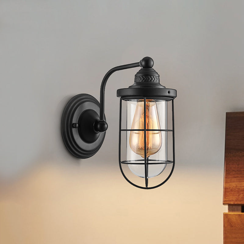 Avtoit | Industrial wire cage wall lighting 1/2-lamp clear glass wall lamp in black for stairs.